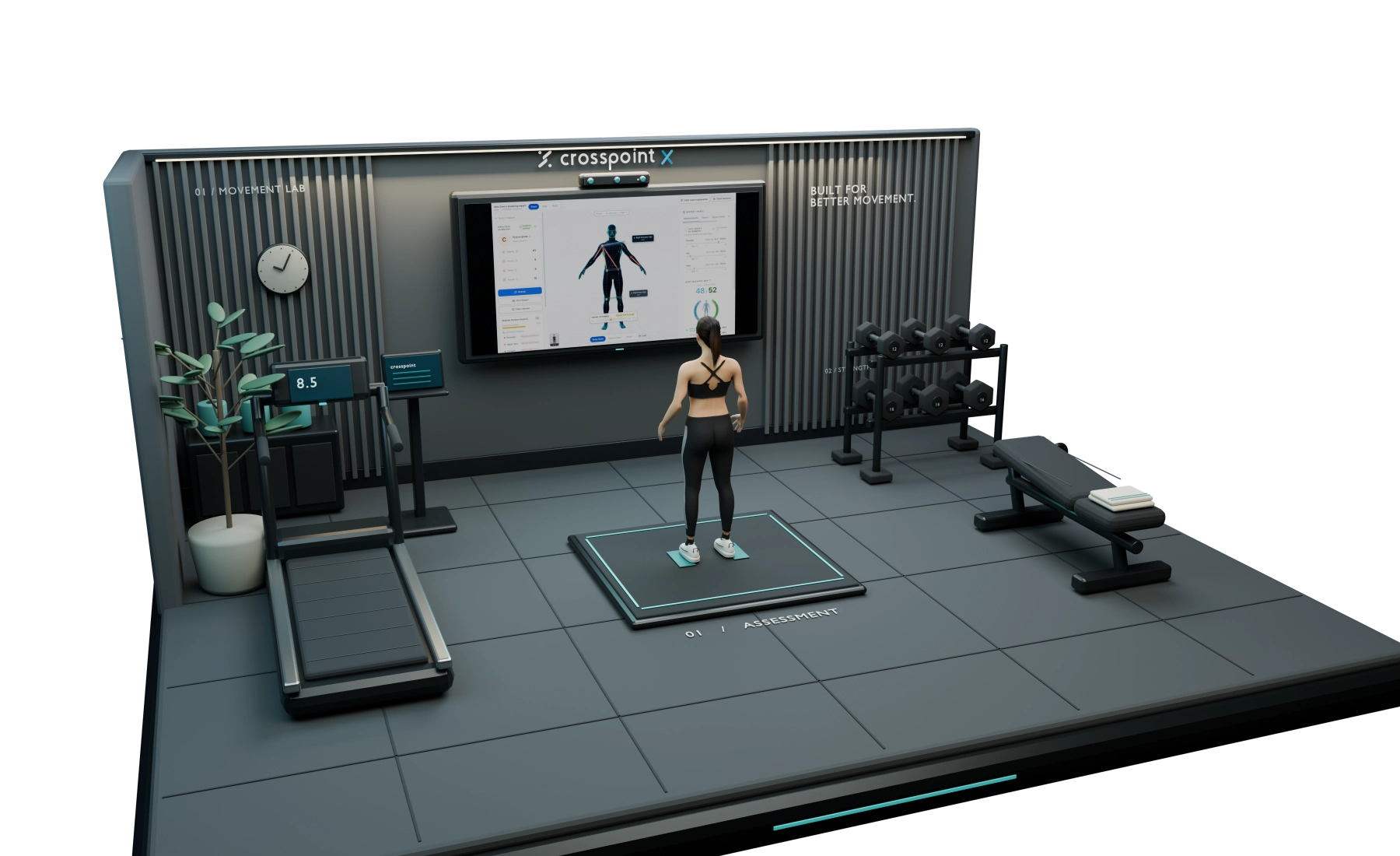 A Crosspoint X screening area in a gym, with a display, camera and adult female athlete standing in position