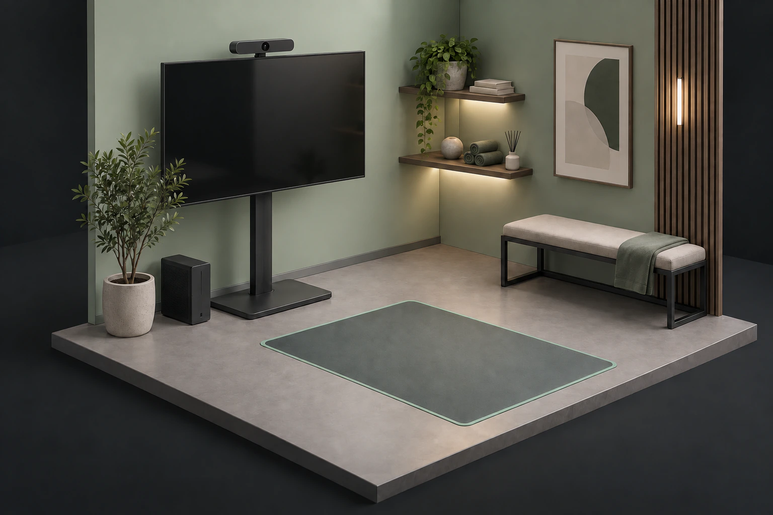 A conceptual assessment corner with a screen, camera, computer and standing area.