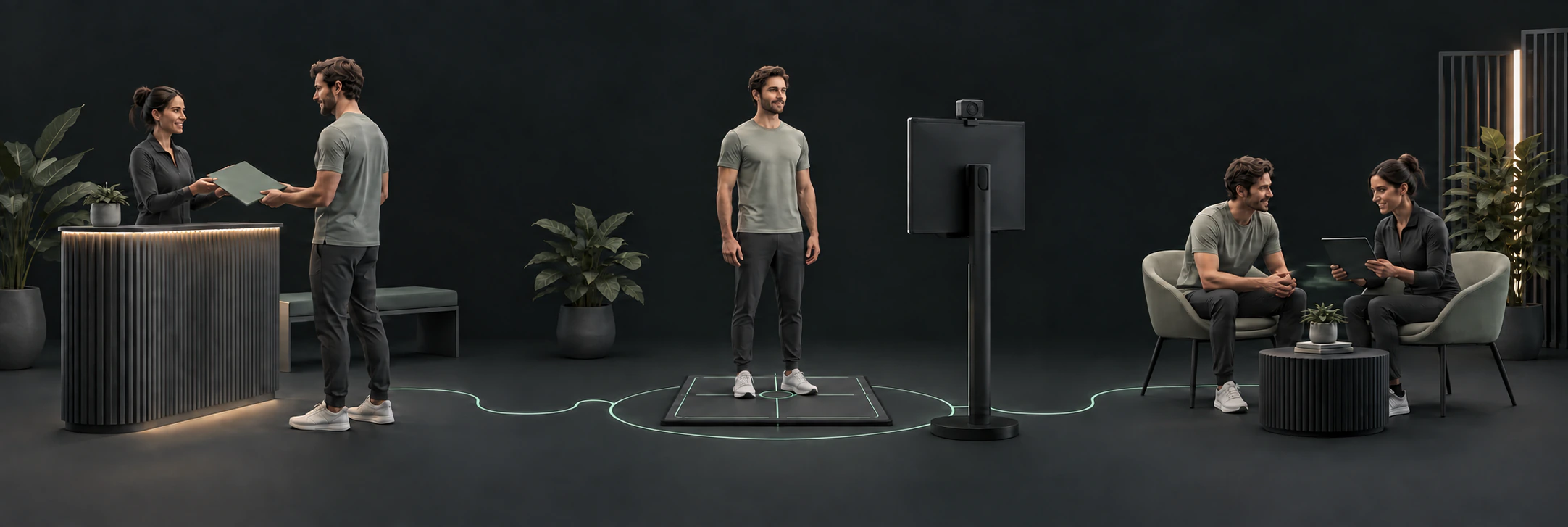 Three illustrated stages show reception, guided screening and a follow-up conversation.