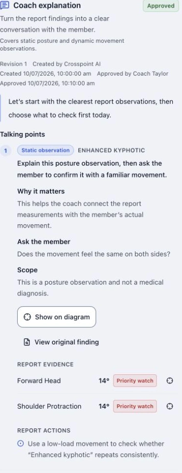 Actual Crosspoint X coach explanation interface showing an approved demo explanation, supporting observations and member-facing wording; no real member data